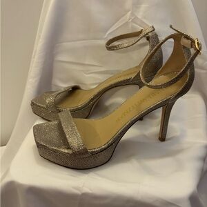 Stuart Weitzman Platform Glitter Heels Silver Sz 8.5